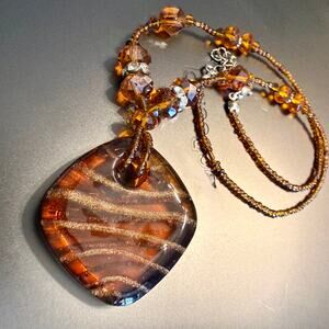 Sparkly Gold & Amber Glass Crystal Beaded Pendant Necklace